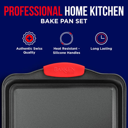 Baking Pan Set – 3 Piece Cookie Sheet – Deluxe Black Non-Stick Carbon Steel – Silicone Handles – Commercial Grade Restaurant Quality – PFOA PFOS and PTFE Free by Bakken