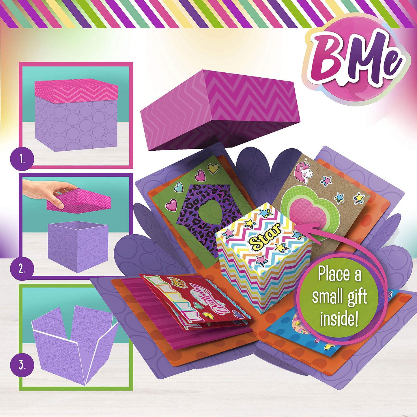 B Me Card Making Kit for Kids - Arts and Crafts Box - DIY Holiday, Birthday Cards Stationary Set – Jel Pens, Sticker Sheets, Gems, Envelope, Ribbon, Tape - Crafts Age 6+