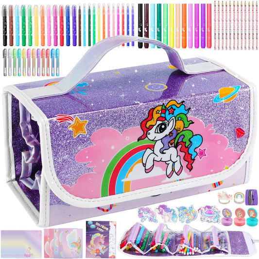 115PCS Unicorn Washable Markers Set with Glitter Pencil Case, Art Supplies for Kids Ages 4-6-8, Arts Crafts Coloring Set with Stickers, Unicorn Birthday Gifts for Girls 4 5 6 7 8 9 Year Old