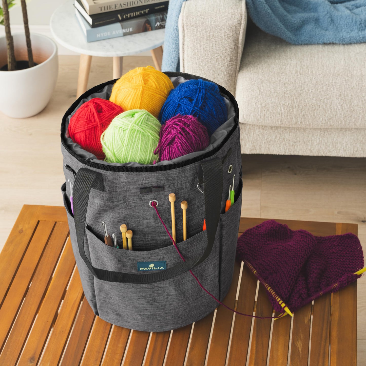 Crochet Bag Knitting Bag Organizer, Yarn Bag Storage Tote for Crocheting On The Go, Knitting Accessories Supplies Holder with Grommets, Gift for Crochet Lovers Knitters (Charcoal Gray)