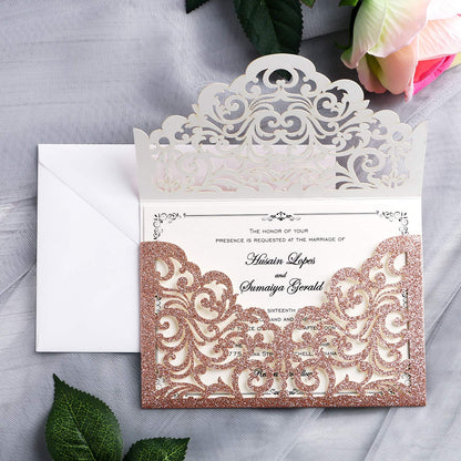 20 Pcs Laser Cut Wedding Invitation Card with Envelope for Wedding Quinceanera Bridal Shower Baby Shower Party Invite (Rose Gold Glitter)