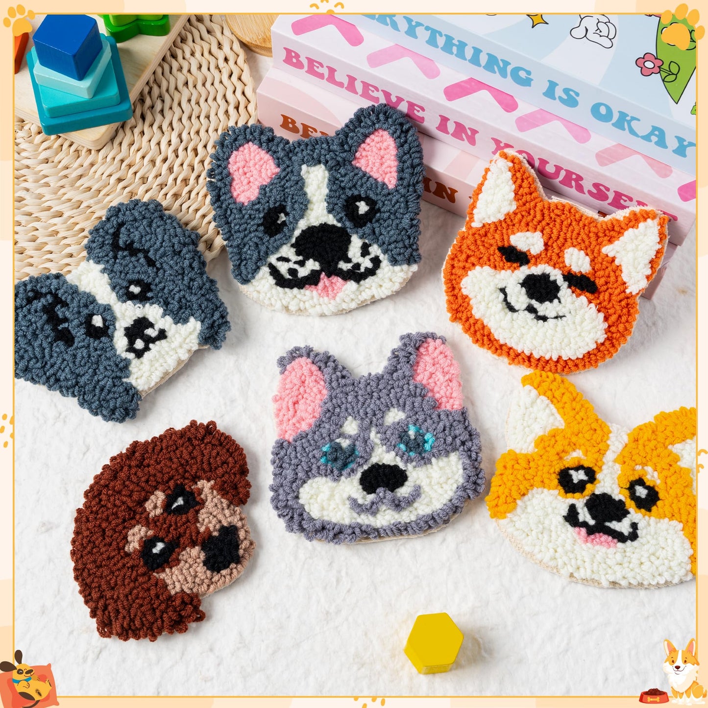 Puppy Punch Needle Coaster Kit - 6 Patterns Dog Punch Needle Embroidery Craft Kit, DIY Felting Coaster for Adults Beginners with Adhesive Yarns Fabric Felt Hoop Tools Instruction