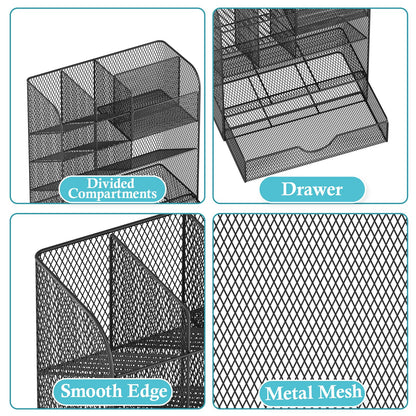 Desk Organizers and Accessories, Pen Holder for Desk Organizer with Drawer, Pencil Holder Office Desk Accessories Workspace Desktop Organizer for School Home Office Art Supplies（Black）