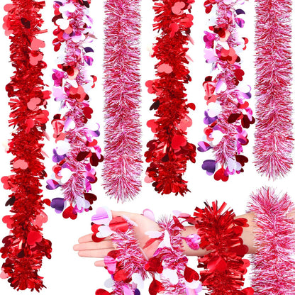 6 Pcs Valentine's Day Tinsel Garland Total 39ft Red and White Heart Metallic Garland Decor Valentines Heart Twist Tinsel for Mantle Wedding Party Decoration Supply