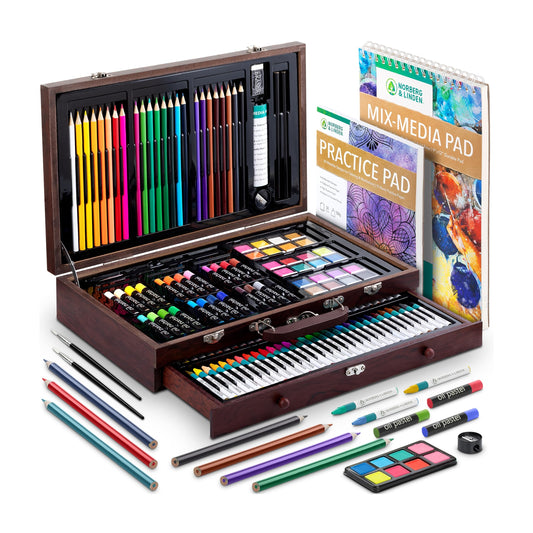 144-Piece Art Set in Wooden Box with Drawer - Art Set for Adults, Teens, Kids - Premium Art Supplies - Includes Watercolors, Oil Pastels, Crayons, & More