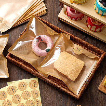 100 Pcs Heat Sealable Cookie Bags with Window Grease Resistant Kraft Bakery Pastry Bags with Paper Stickers for Packaging Donut Bread Cookie Goods Sandwich Baked Treat (7.1 x 7.5 Inch)