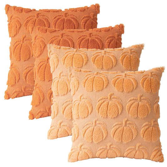 Pumpkin Fall Decorative Throw Pillow Covers 18"x18", Set of 4 Soft Faux Fur Pillow Covers for Autumn Harvest, Fluffy Plush Accent Pillow Cases for Farmhouse Halloween Decor