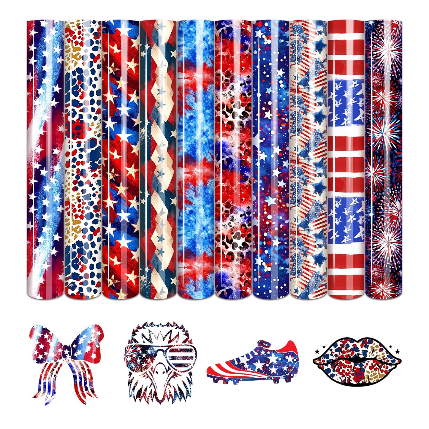 4th of July American Flag - 10pcs 12x10in US Flag Patterned Patriotic HTV Iron On Vinyl Compatible with Cricut/Cameo