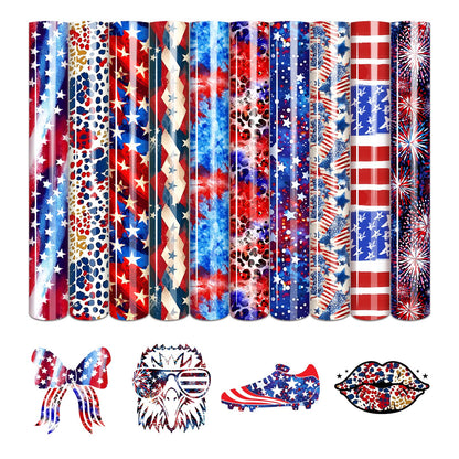 4th of July American Flag - 10pcs 12x10in US Flag Patterned Patriotic HTV Iron On Vinyl Compatible with Cricut/Cameo