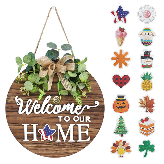 Seasonal Welcome Sign Front Door Decoration, Rustic Round Wood Wreaths Wall Hanging Outdoor, Farmhouse, Porch, for Spring Summer Fall All Seasons Holiday Halloween Christmas.