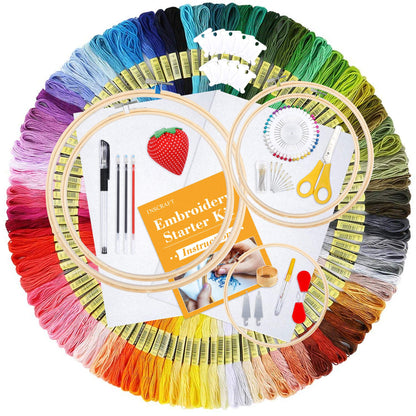 304 Pack Embroidery Kit, 200 Colors Threads, 5 Pcs Bamboo Embroidery Hoops, 2 Pcs Aida Cloth, Instructions, Bag and Cross Stitch Tools Set, Hand Embroidery Starter Kit for Beginners Adults