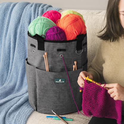 Crochet Bag Knitting Bag Organizer, Yarn Bag Storage Tote for Crocheting On The Go, Knitting Accessories Supplies Holder with Grommets, Gift for Crochet Lovers Knitters (Charcoal Gray)