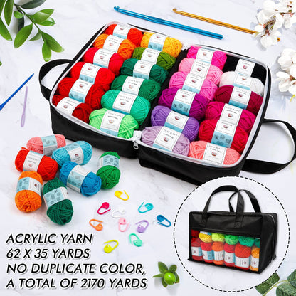 62 Acrylic Yarn Skeins, 2170 Yards Yarn for Knitting and Crochet, Includes 2 Crochet Hooks,2 Weaving Needles,10 Stitch Markers, Perfect Beginner Kit for for Adults Kids