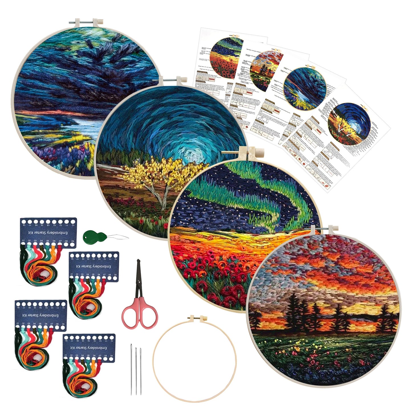 4 Pack Embroidery Starter Kit with Pattern, Stamped Cross Stitch Kits for Beginners Adults with Embroidery Hoop and Instructions, Hand Embroidery Kit (Embroidery kit flower2)