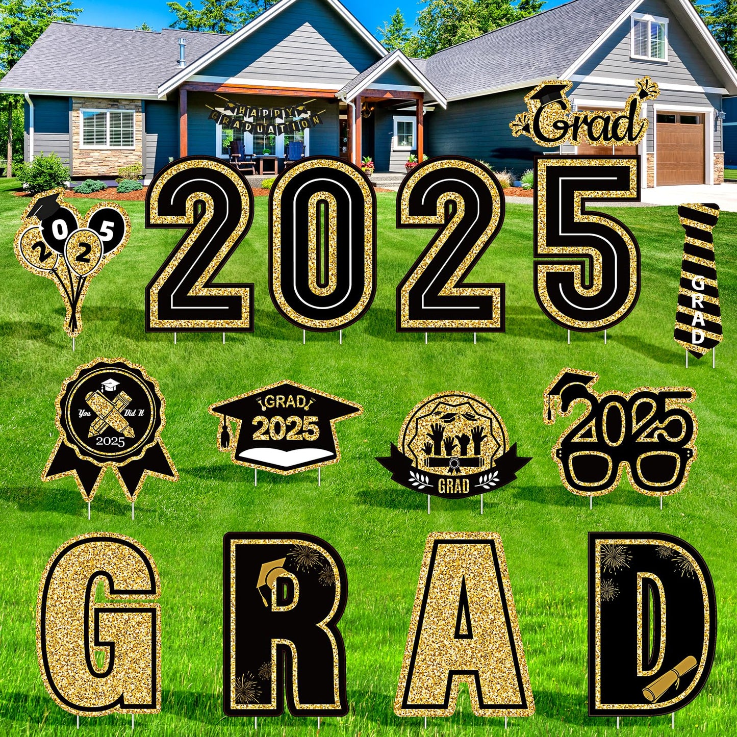 15 Pieces Graduation Decorations 2025 Outdoor Yard Sign, Class of 2025 Congrats Grad Yard Sign with 30 Stakes for Graduation Party Garden Lawn Decoration Supplies(Black Gold)