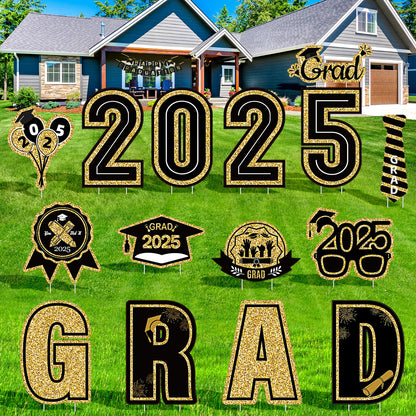 15 Pieces Graduation Decorations 2025 Outdoor Yard Sign, Class of 2025 Congrats Grad Yard Sign with 30 Stakes for Graduation Party Garden Lawn Decoration Supplies(Black Gold)