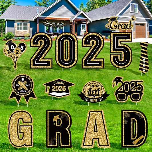 15 Pieces Graduation Decorations 2025 Outdoor Yard Sign, Class of 2025 Congrats Grad Yard Sign with 30 Stakes for Graduation Party Garden Lawn Decoration Supplies(Black Gold)