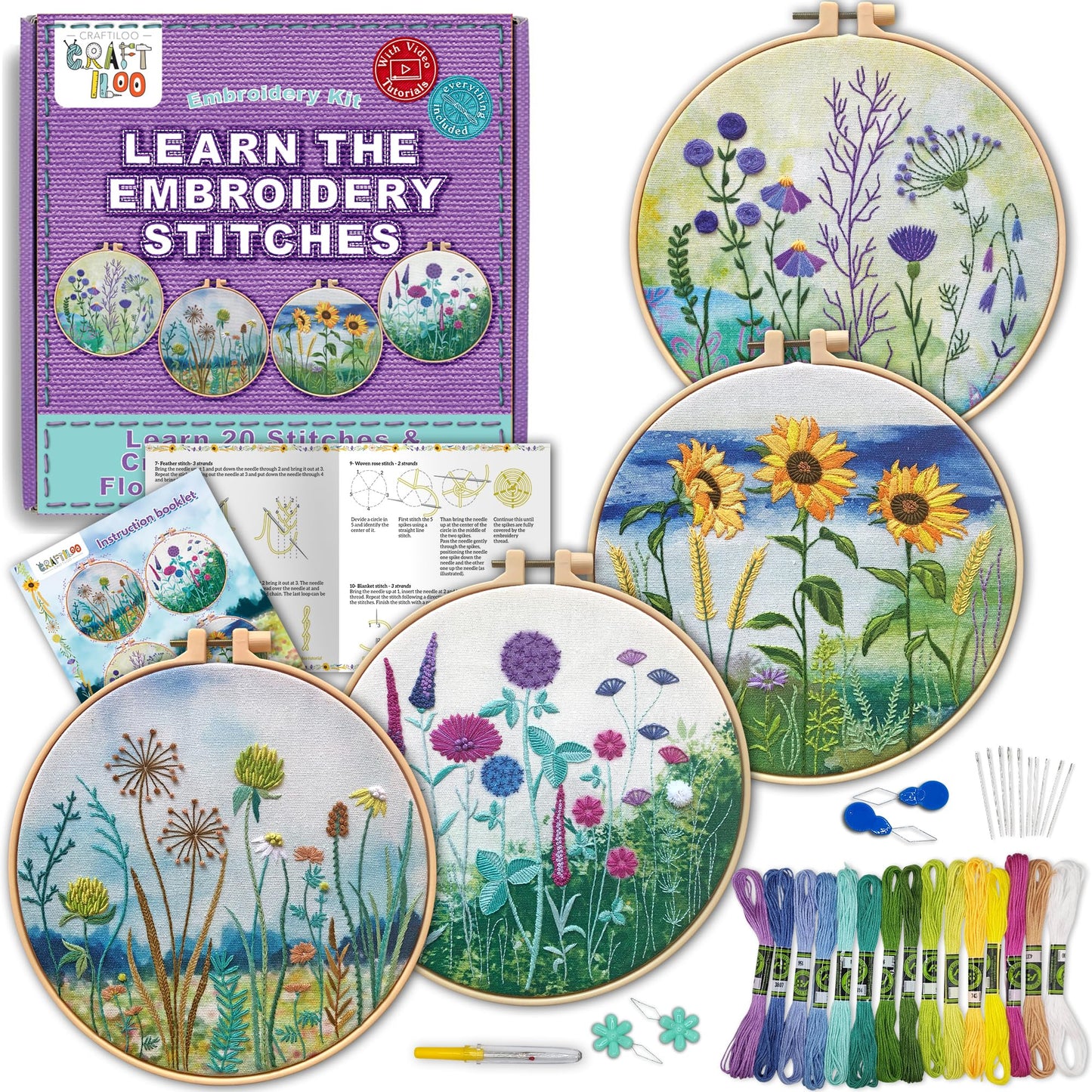 Embroidery kit for Beginners Cross Stitch for Beginners Needlepoint Kits for Adults Embroidery Kits Beginner Embroidery kit for Adults 4 Flowers