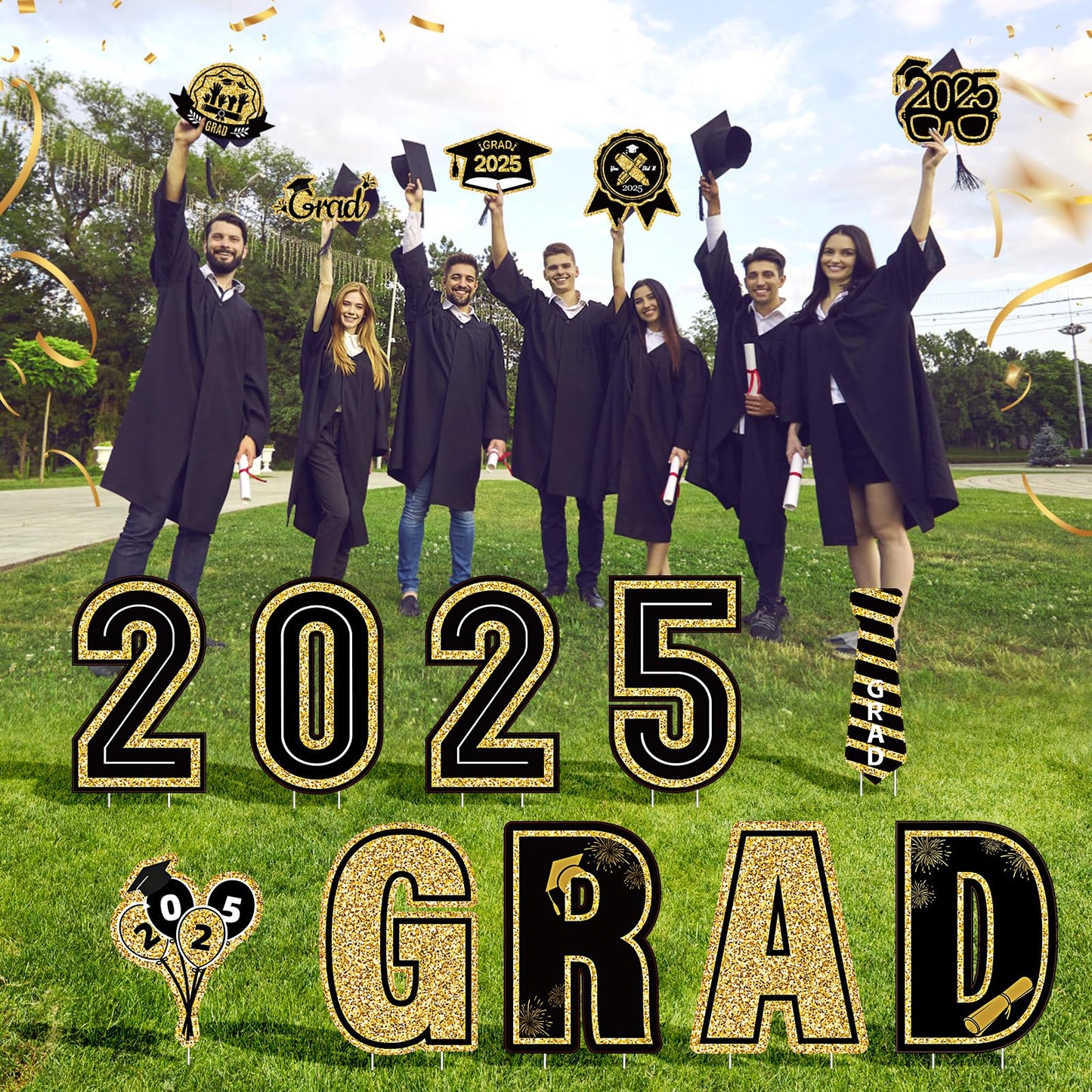 15 Pieces Graduation Decorations 2025 Outdoor Yard Sign, Class of 2025 Congrats Grad Yard Sign with 30 Stakes for Graduation Party Garden Lawn Decoration Supplies(Black Gold)