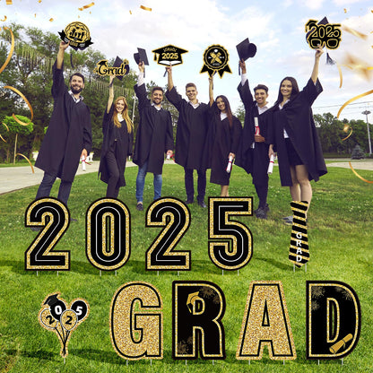 15 Pieces Graduation Decorations 2025 Outdoor Yard Sign, Class of 2025 Congrats Grad Yard Sign with 30 Stakes for Graduation Party Garden Lawn Decoration Supplies(Black Gold)