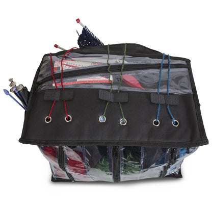 Knitting Organizer By Besti: Portable Knitting Yarn Storage Bag With Multiple Pockets, Individual Compartments, Carrying Shoulder Strap - Clear Plastic Tote Bag For Needles, Crochets & Threads (Black)