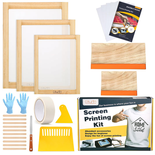 23 Pieces Screen Printing Starter kit Include 3 Different Size of Wood Silk Screen Printing Frame with Mesh, Screen Printing Squeegees, Inkjet Transparency Film, Ink Knife, and Mask Tape