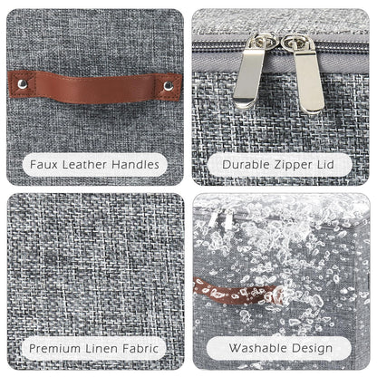 Storage Bins with Zipper Lid Cotton Linen Fabric Lidded Storage Baskets Boxes Foldable Washable Closet Shelf Clothes Organizer Container with PU Leather Handles (Gray, Small Size)