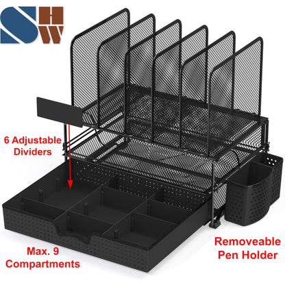 Simple Houseware Mesh Desk Organizer with Sliding Drawer, Double Tray and 5 Upright Sections, Black