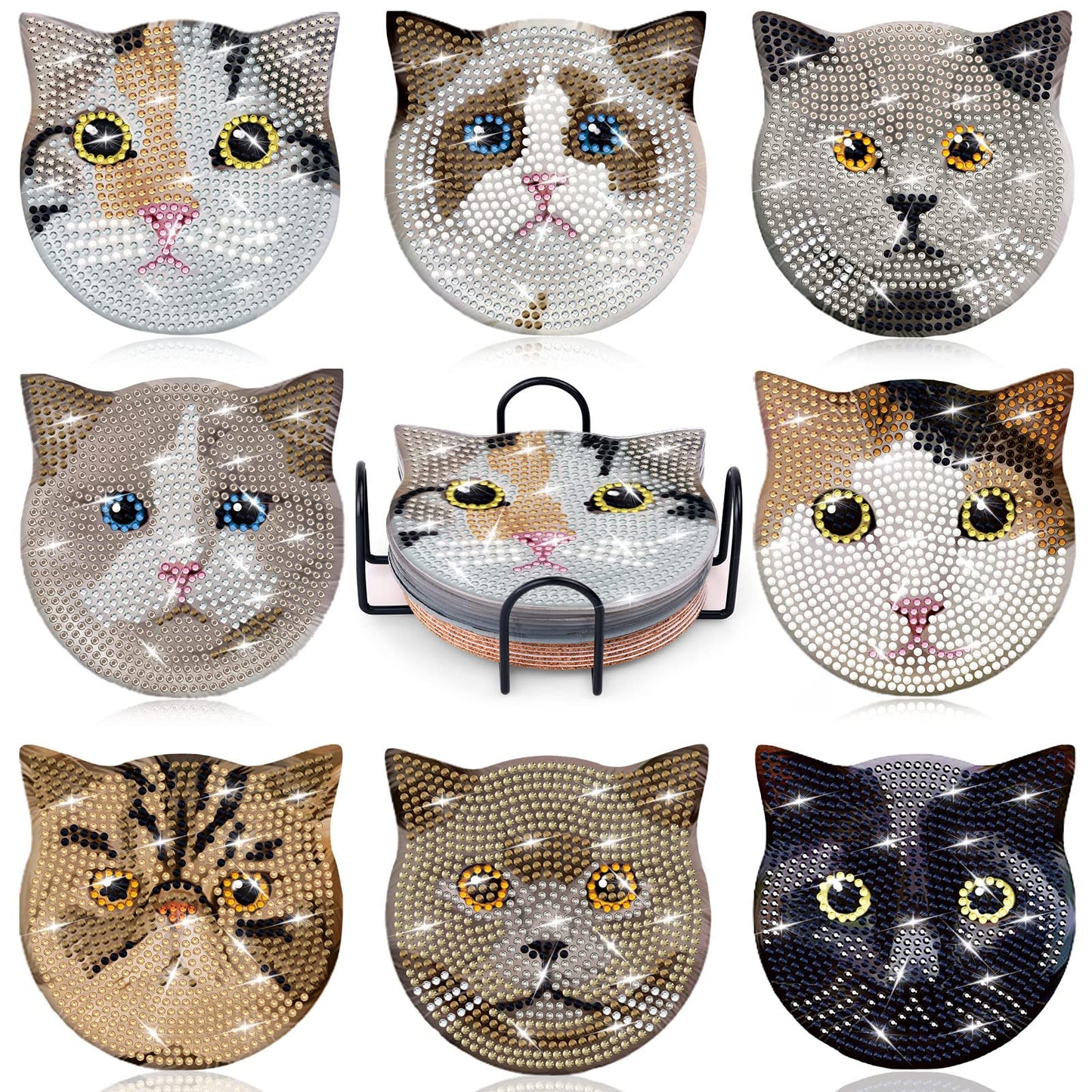 8 Pieces Diamond Art Painting Coasters Kit with Holder, Diamond Art Coasters, DIY Diamond Art Crafts Projects, Diamond Dot Kits for Adults and Beginners(Cat Style)