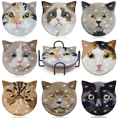 8 Pieces Diamond Art Painting Coasters Kit with Holder, Diamond Art Coasters, DIY Diamond Art Crafts Projects, Diamond Dot Kits for Adults and Beginners(Cat Style)