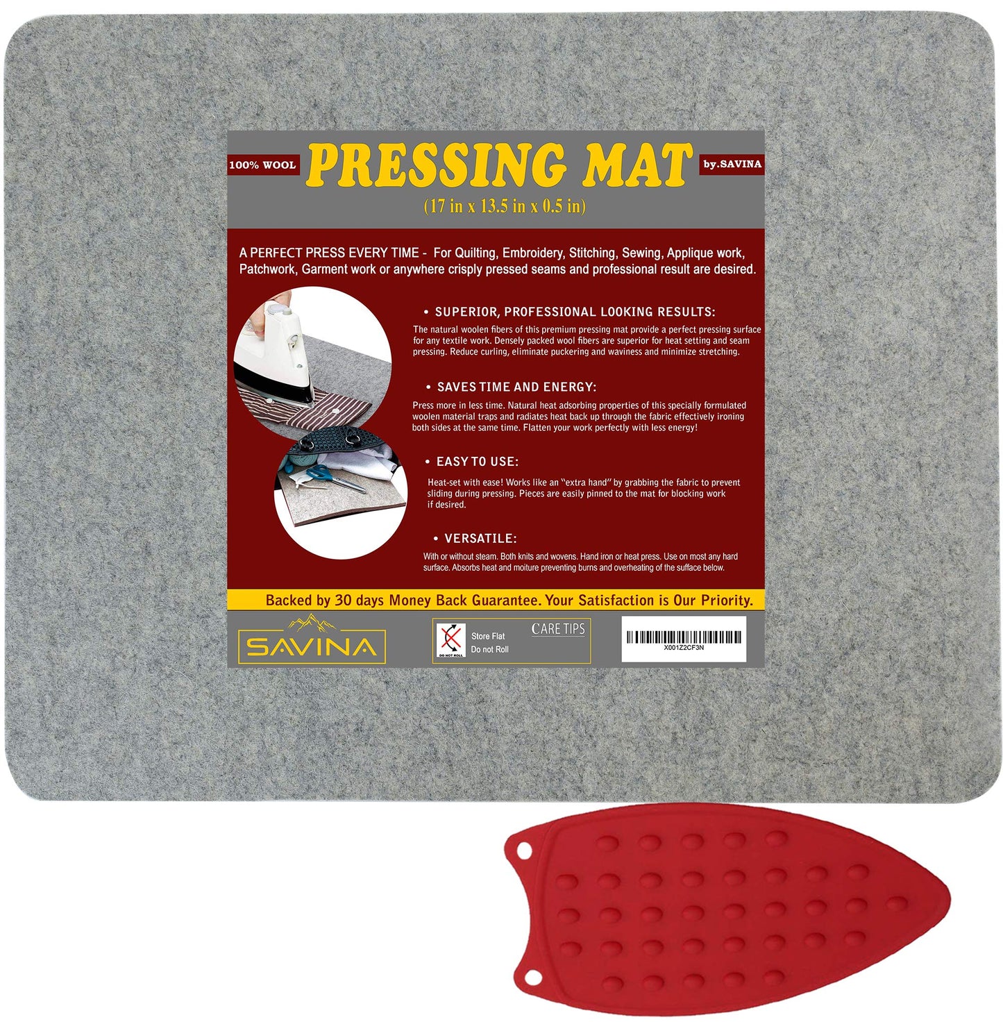 Wool Pressing Mat - 17" x 13.5" Quilting Ironing Pad - 100% New Zealand Felted Wool Iron Board for Quilters, Great for Quilting & Sewing Projects by Savina