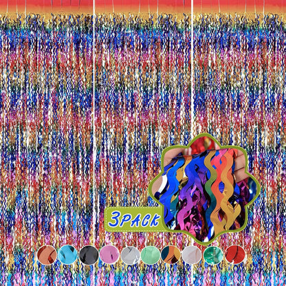 3 Pack Colorful Foil Fringe Curtain Backdrop - 6.6 x 3.3 ft Wavy Rainbow Tinsel Backdrop Curtain Metallic Streamers Iridescent Holiday Photo Booth Party Decorations