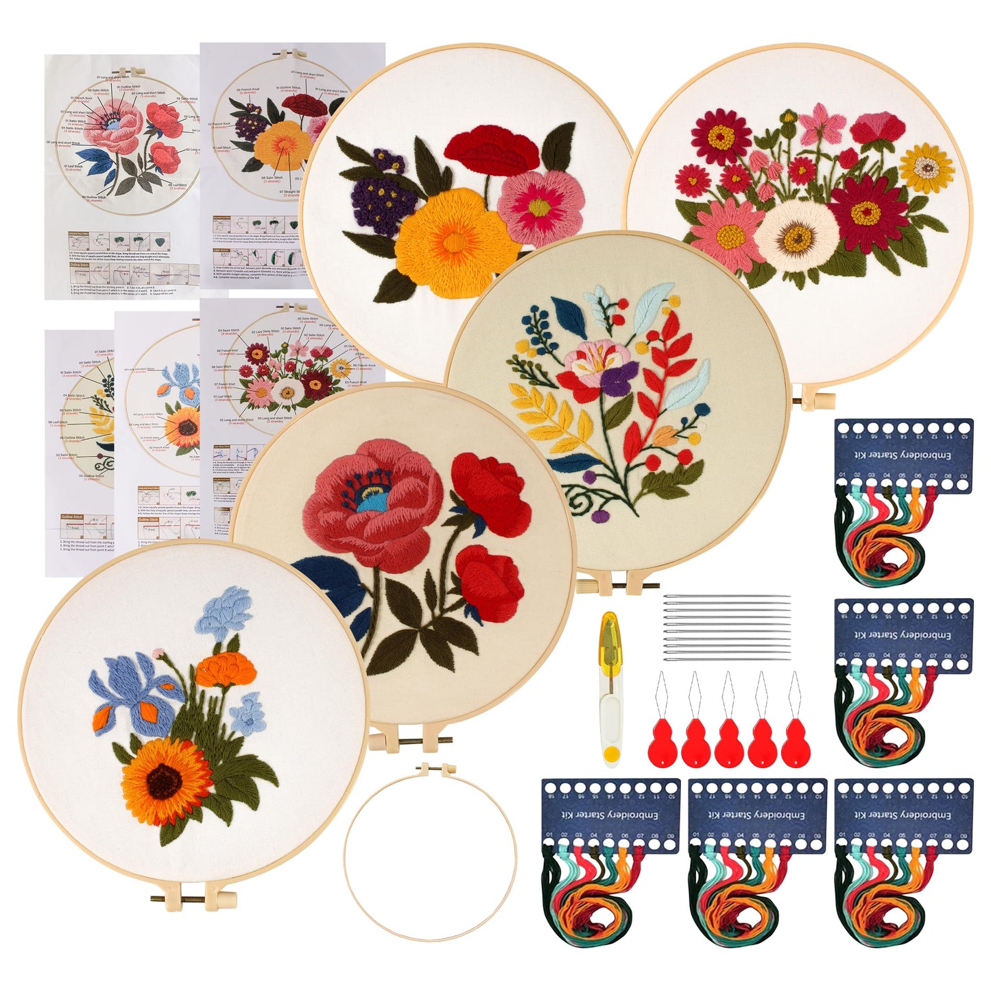 Complete Embroidery Starter Kit for Beginners - 5 Sets Punch Needle Set with Patterns, Hoops, Threads & Stitch Practice Guide for Adults, DIY Hand Embroidery Craft Kit