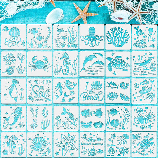 30 Pieces Sea Ocean Creatures Stencils 5 x 5 Inch Ocean Templates for Painting Sea Animal DIY Pattern Templates Mermaid Stencils on Wood for Scrapbooking Drawing Tracing Furniture Wall Crafts