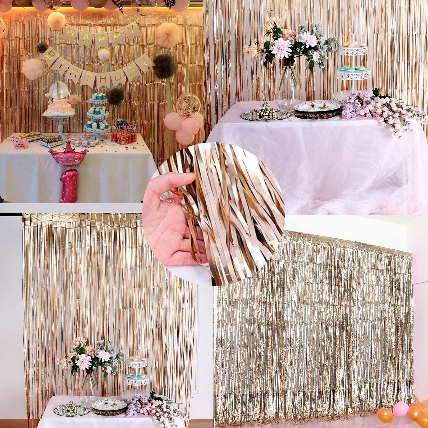 2 Pack Backdrop Curtain, 3FT x 8FT Metallic Tinsel Foil Fringe Curtains Photo Booth Background for Baby Shower Party Birthday Wedding Engagement Bridal Shower (Champagne Gold)