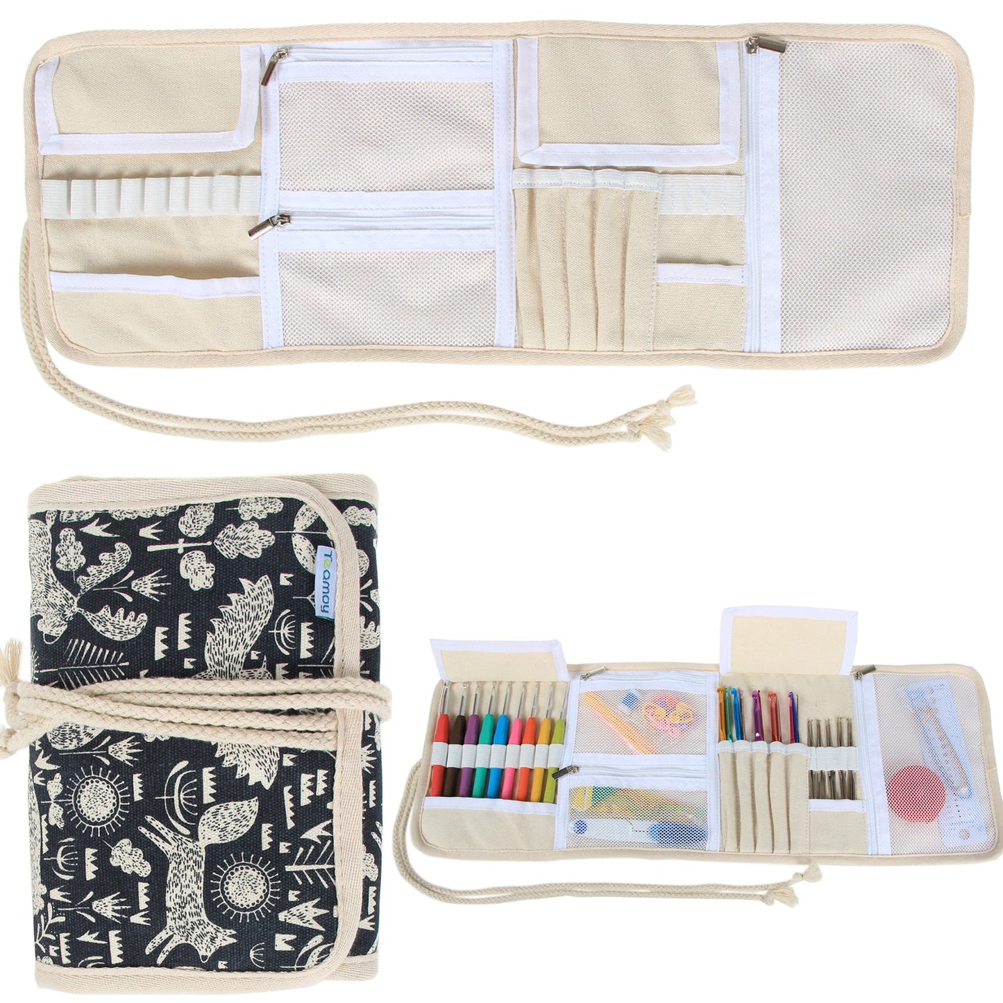 Crochet Hook Case, Roll Bag Holder Organizer for Various Crochet Needles and Knitting Accessories, Compact and All-in-Place, Animal World