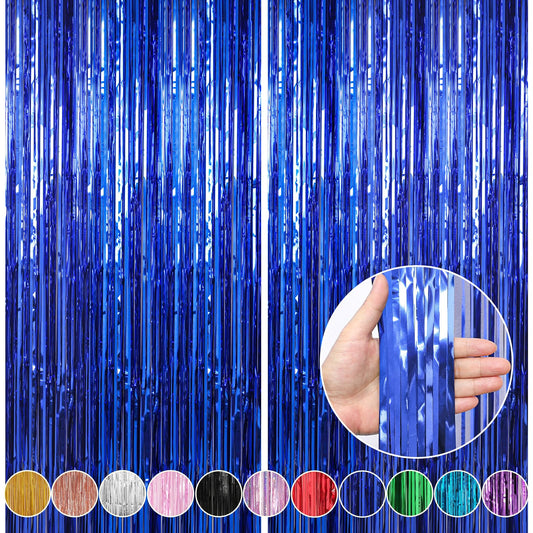2 Pack 3.3 x 9.9 ft Dark Blue Foil Fringe Curtains Party Decorations, Blue Tinsel Curtain Backdrop for Parties, Door Streamers, Glitter Streamer Fringe Backdrop for Birthday Decoration