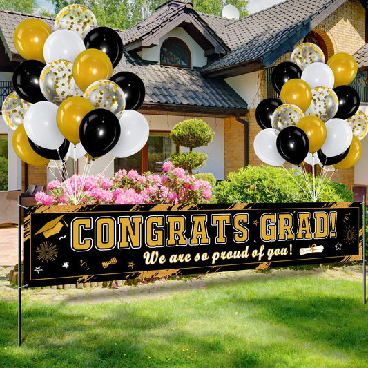 36 Pieces Class of 2025 Graduation Party Decorations Banner, Large Congrats Grad Banner with 35 Pieces Balloons 2025 Yard Signs for High School College Graduation Party Supplies(Black Gold)