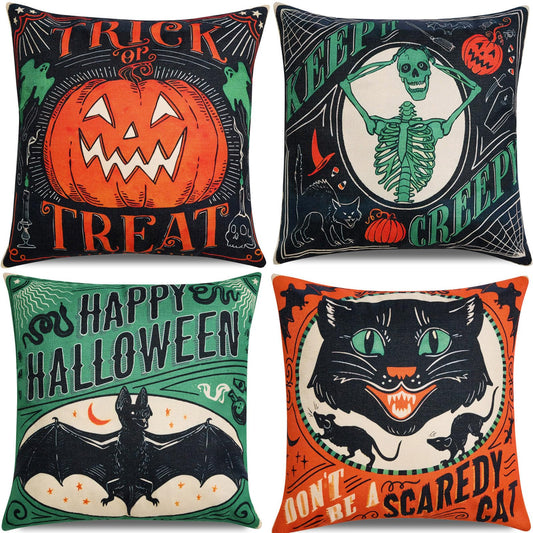 Vintage Halloween Decor-Throw Pillow Covers 18x18 in set of 4,Retro Linen Pillow Case with Scaredy Cats Pumpkins Skull Bats for Couch Fall Holiday Outdoor Burnt Orange Green Black Decorations