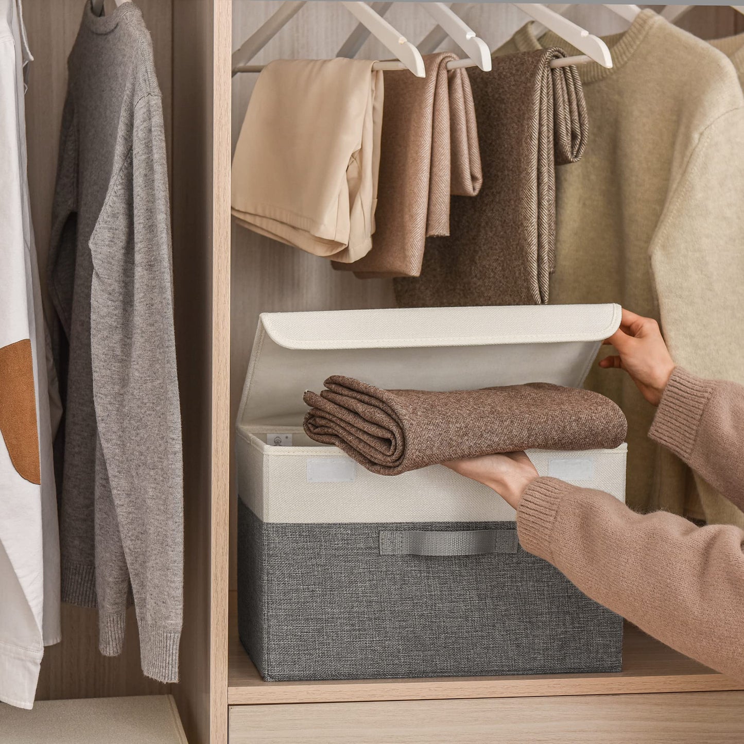 SAYS Fabric Storage Boxes, Keepsake Box, Large Storage Bins with Lids, Closet Organizers, Toy Organizer, Storage Baskets for Shelves, White/Gray, 2-Pack