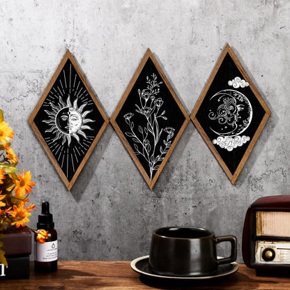 6 Pieces Wall Decor Boho Wall Art Sun Moon Phases Wall Art Gothic Minimalist Stars Sun Wall Hanging Boho Wooden Home Decor Farmhouse Wall Pediments for Gallery Living Bedroom Room