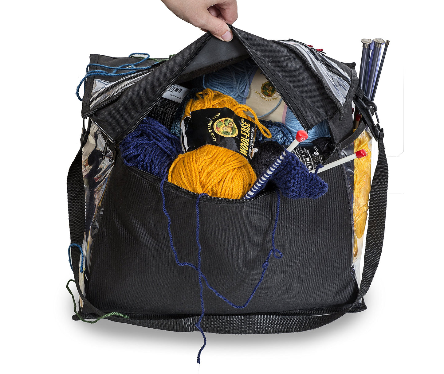 Knitting Organizer By Besti: Portable Knitting Yarn Storage Bag With Multiple Pockets, Individual Compartments, Carrying Shoulder Strap - Clear Plastic Tote Bag For Needles, Crochets & Threads (Black)