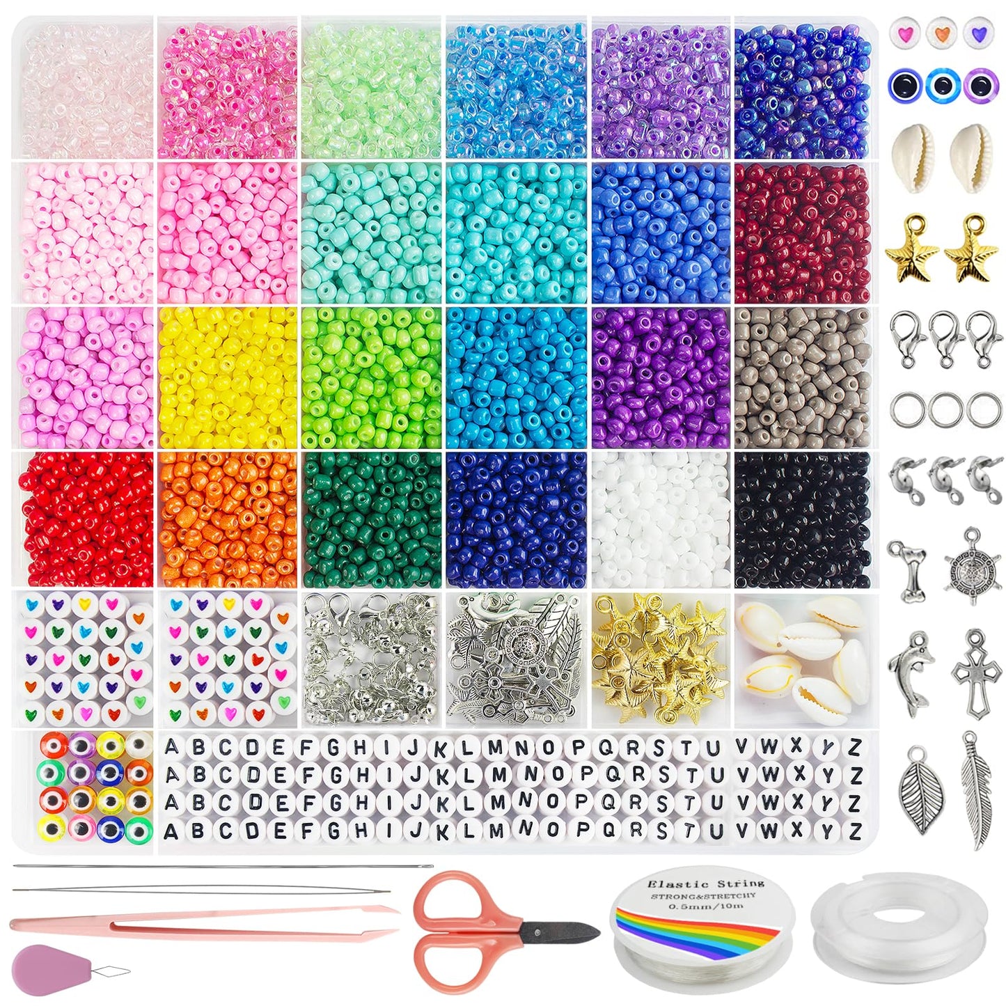 4mm Glass Seed Beads for Jewelry Bracelet Making Kit, Small Beads Friendship Bracelet Kit, Tiny Waist Beads with Letter Beads and Elastic String, DIY Art Craft Girls Gifts.