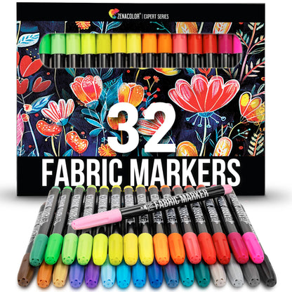 32 Fabric Markers Pens - Non Toxic, Indelible and Permanent Fabric Paint Pens - Fine Point Tip Textile Marker Pen