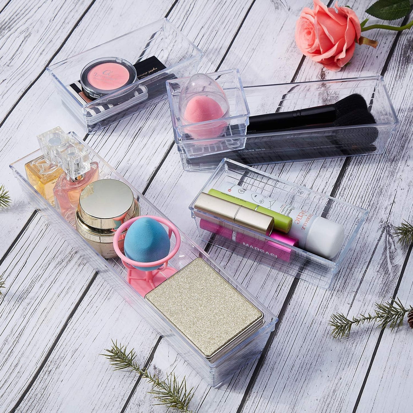 14 PCS Clear Plastic Drawer Organizer Tray, 4 Sizes Desk Drawer Divider Organizers and Storage Bins for Makeup, Kitchen Utensils, Jewelries and Gadgets