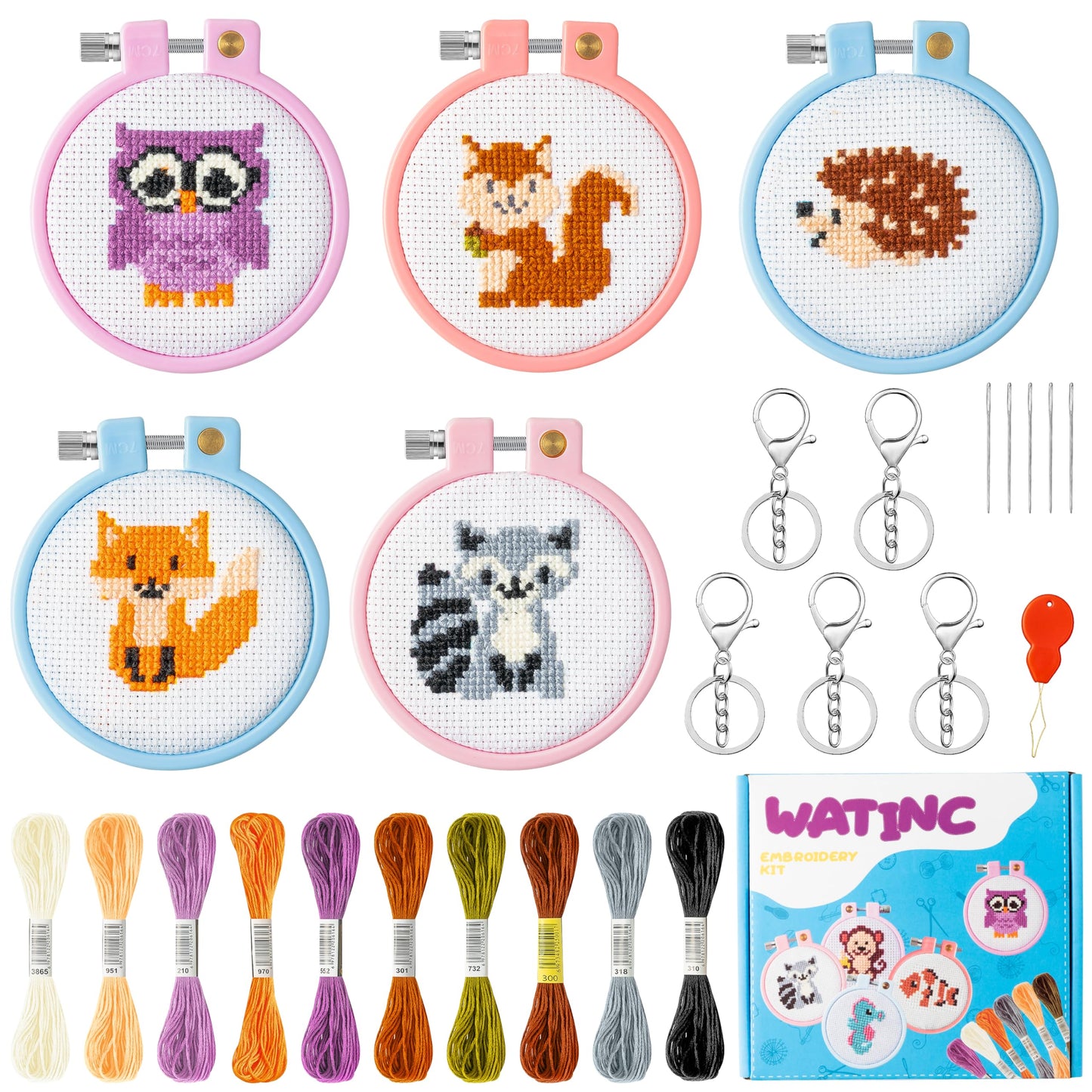5Pcs Embroidery Kit for Kids Stamped Cross Stitch DIY Key Chain with Woodland Animal Patterns Needlepoint Starter Kits Craft Supplies for Beginners Adults Schoolbag