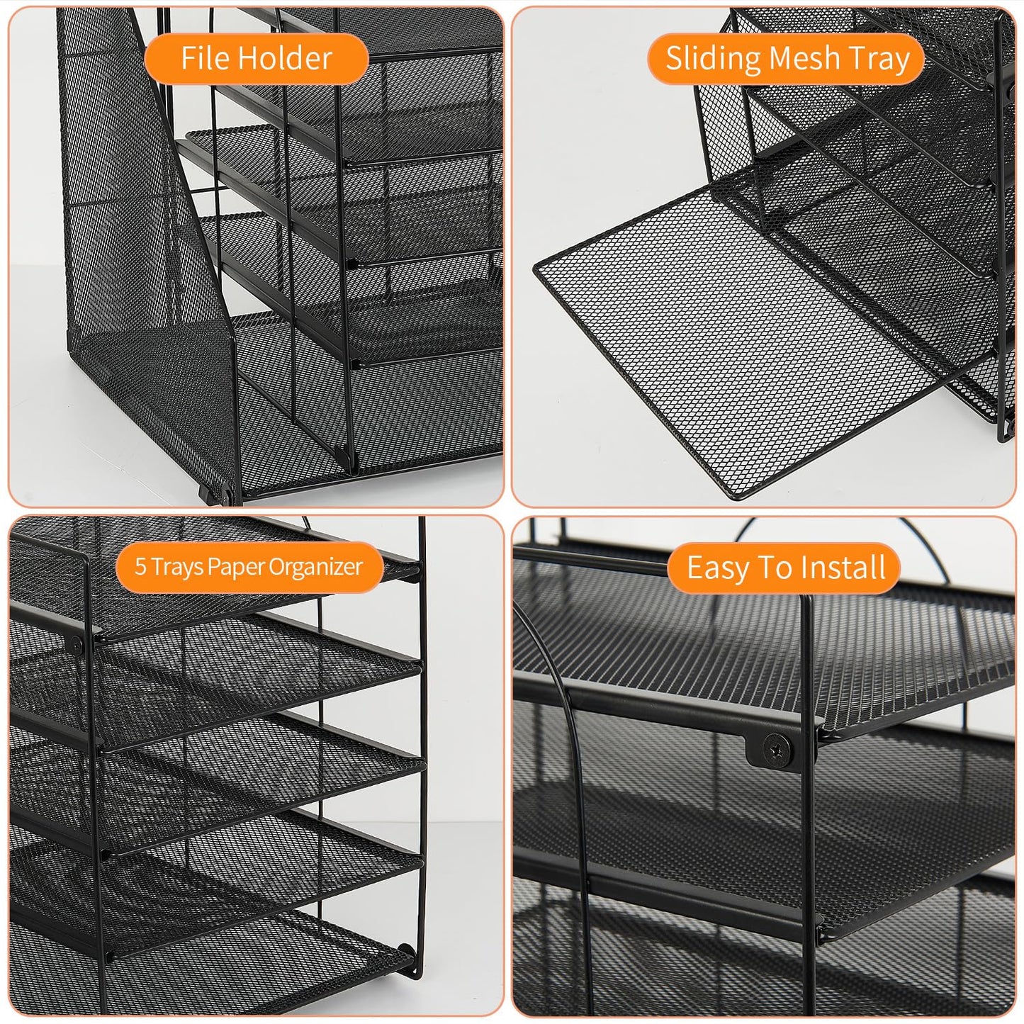 Desk Organizers and Accessories, 5-Tier Paper Letter Tray Organizer with File Holder, Desktop Organizer for Office Supplies (Black)