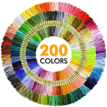 304 Pack Embroidery Kit, 200 Colors Threads, 5 Pcs Bamboo Embroidery Hoops, 2 Pcs Aida Cloth, Instructions, Bag and Cross Stitch Tools Set, Hand Embroidery Starter Kit for Beginners Adults