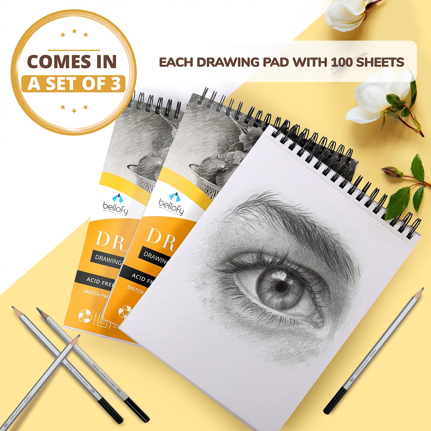 3 x Drawing Paper Pads 9” x 12” | 300 Sheets | 60lbs 85g | Acid Free Sketchbook Paper for Dry Media | Top Spiral Bound Sketchpad for Kids, Beginners, Artists & Professionals