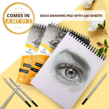 3 x Drawing Paper Pads 9” x 12” | 300 Sheets | 60lbs 85g | Acid Free Sketchbook Paper for Dry Media | Top Spiral Bound Sketchpad for Kids, Beginners, Artists & Professionals
